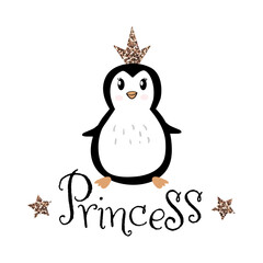 Penguin with golden glitter crown and lettering Princess isolated on white. Baby girl Doodle cute animal illustration. Vector character. For kids or babies t-shirt design, room decoration.