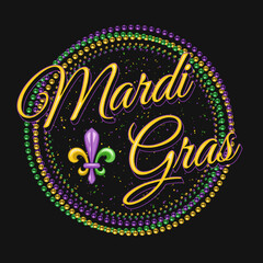 Round carnival Mardi Gras pattern with intertwined strands of beads, fleur de lis symbol, text. For prints, clothing, plate, apparel, t shirt, surface design © OA_Creation