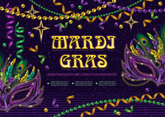 Horizontal carnaval poster with masquerade masks, golden stars, confetti, beads, streamer, spiral ribbons, text. Design for Mardi Gras carnival, party. Detailed illustration