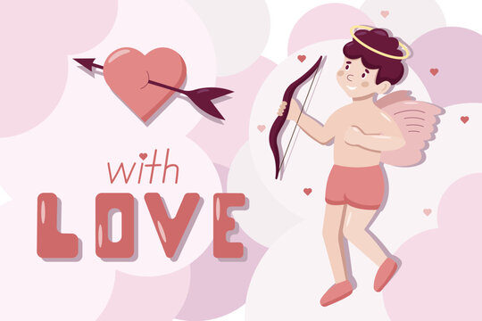 Cute cartoon vector greeting poster with little Cupid and lettering. Valentine Day concept. Angel shoots at the heart from the bow in pink clouds.