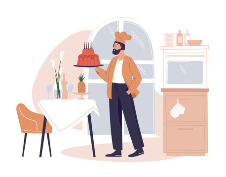 Confectioner, cook, cake, pastries. A male confectioner brings out a birthday cake. Festive table, kitchen. Concept. Vector image.