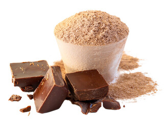 Plant base protein Powder chocolates flavor in plastic scoop with piece of chocolate  on white Background, isolated. 
