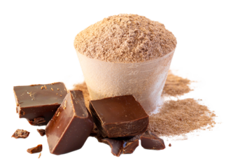Plant base protein Powder chocolates flavor in plastic scoop with piece of chocolate  on white Background, isolated. 