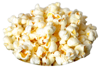 closeup pile of  salted popcorn top view isolated on white, movie night concept.