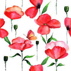 
Watercolor red poppy in a seamless pattern. Can be used as fabric, wallpaper, wrap.