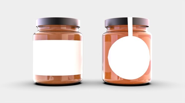 Honey glass jar mockup product design concept with clean white label in two rectangle and circle style isolated on white solid background front camera 3d rendering image