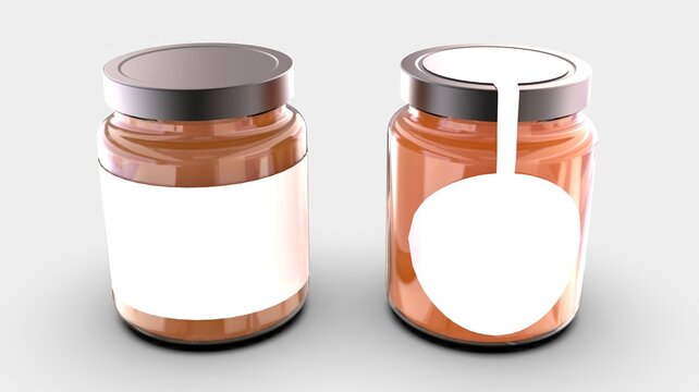Honey glass jar mockup product design concept with clean white label in two rectangle and circle style isolated on white solid background isometric camera view 3d rendering image