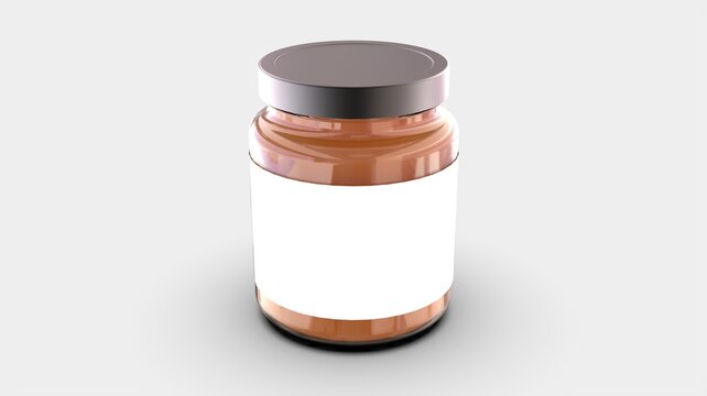 Honey glass jar mockup product design concept with clean white label in rectangle style isolated on white solid background isometric camera view 3d rendering image
