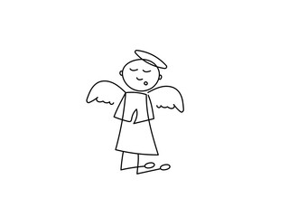A simple contour angel man with a halo and wings kneels and prays.