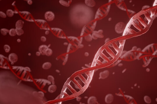 DNA and red blood cells simulate abstract and imagination, red tones - 3d rendering.