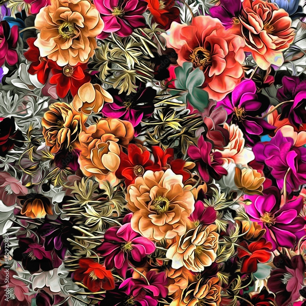 Poster computer graphics of abstract floral psychedelic background stylization of colored chaotic stickers 