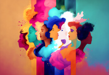 different diverse women standing together, abstract impressionist painting style, generative ai - obrazy, fototapety, plakaty