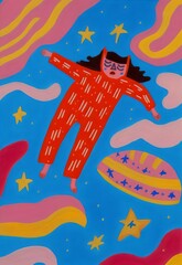 collage illustration of girl floating in the sky with stars, generative ai
