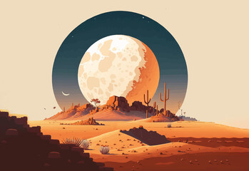 Cartoon desert landscape with a giant moon in the background