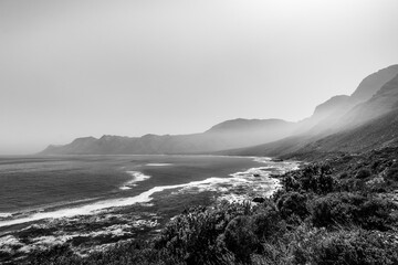 black and white picture of the mountains with sea near Cape Town, South Africa 