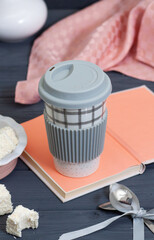 A cup filled with tea on the table close-up. Valentine's Day
