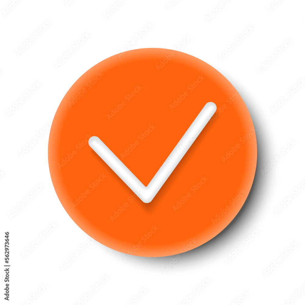 Poster orange check mark round button isolated on a white background. 3d rendering