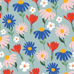 Obraz premium Abstract spring seamless pattern with colorful flowers. Bright and bold floral botanical background.