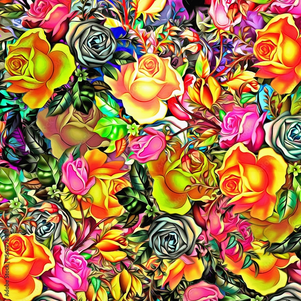 Poster computer graphics of abstract floral psychedelic background stylization of colored chaotic stickers 