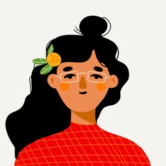 a young girl with dark hair cut .flat illustration. for a social network.