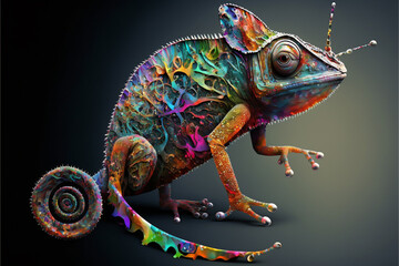 Incredibly cute colorful chameleon lizard with changing colors. Exotic wild lizard or reptile. Ai generated. - obrazy, fototapety, plakaty