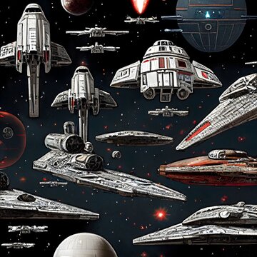 detailed illustration of star wars ships amongst the stars, pattern  