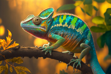 Obraz premium Incredibly cute colorful chameleon lizard with changing colors. Exotic wild lizard or reptile. Ai generated.