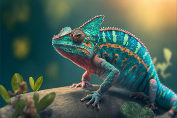 Fototapeta premium Incredibly cute colorful chameleon lizard with changing colors. Exotic wild lizard or reptile. Ai generated.