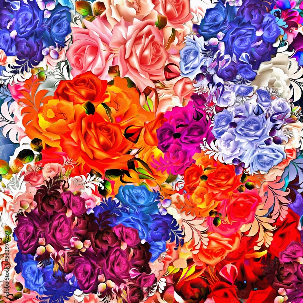 Poster computer graphics of abstract floral psychedelic background stylization of colored chaotic stickers 