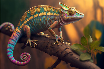 Incredibly cute colorful chameleon lizard with changing colors. Exotic wild lizard or reptile. Ai generated. - obrazy, fototapety, plakaty