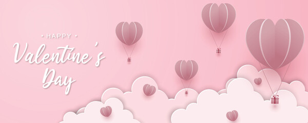 Happy Valentines Day background with paper cut pink hearts and clouds. Paper art style. Vector illustration.