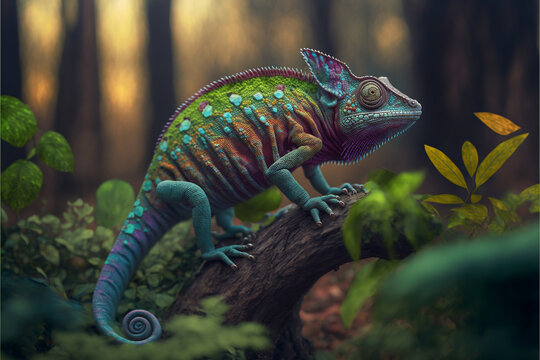 Incredibly Cute Colorful Chameleon Lizard With Changing Colors. Exotic Wild Lizard Or Reptile. Ai Generated.