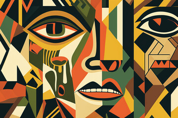 Abstract, crowded illustration of many faces in vivid color and geometric shapes. Wallpaper, Background, Picture. Artwork