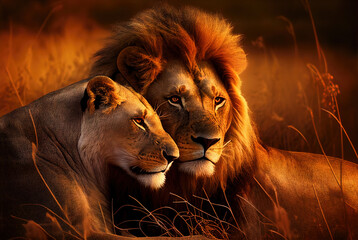 Lion couple lying together on african savanna. Generative AI