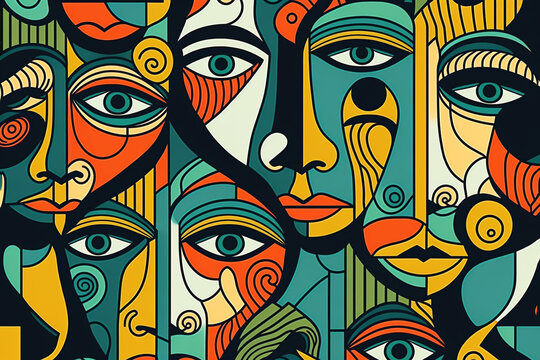 Abstract, crowded illustration of many faces in vivid color and geometric shapes. Wallpaper, Background, Picture. Artwork