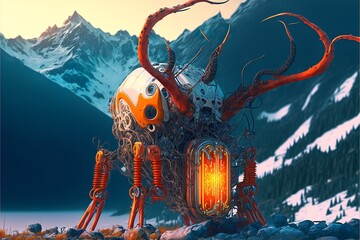 Cybernetically enhanced spider body and tentacled head with neon orange container in the snowy mountains
