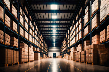 A large clean warehouse with shelfs, carboard boxes and products, Generative AI - obrazy, fototapety, plakaty