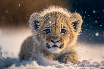 A cute lion cub playing in snow, Generative AI