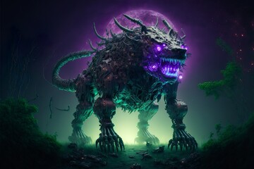 Obraz na płótnie Canvas Angry cybermutant snarls with purple jaw, big fangs and claws, misty green glow under, pruple full moon