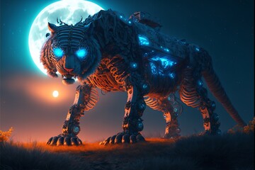Cybernetically enhanced tiger biomutant staring ath you with glowing blue eyes with a full moon behing its head