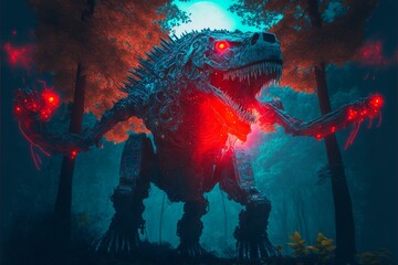 Roaring cybernetically enhanced  dinosaur head and crocodile body giant biopunk mutant in red lights under an autumn tree