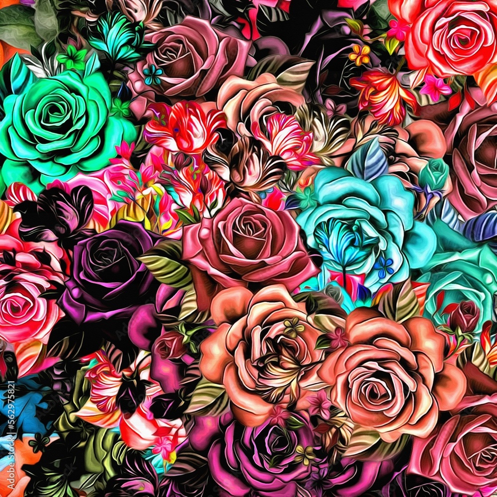 Poster computer graphics of abstract floral psychedelic background stylization of colored chaotic stickers 