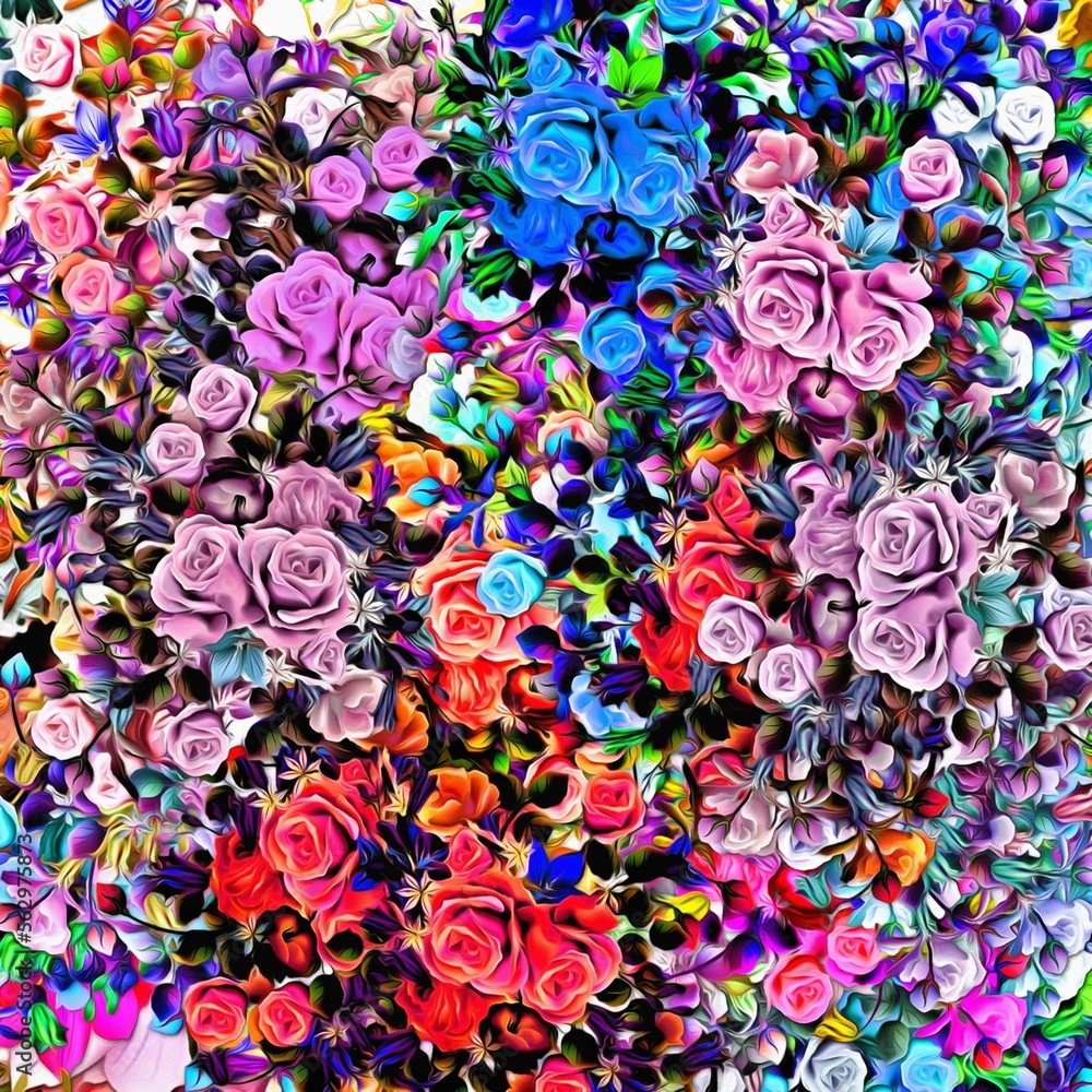 Poster computer graphics of abstract floral psychedelic background stylization of colored chaotic stickers 