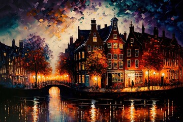 Fototapeta premium beautiful illustration of vintage cityscape at river side, Generative Ai