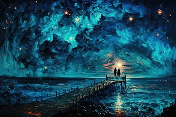 Deurstickers illustration beautiful seascape with glitter glow starry sky in night time, idea for background wallpaper Generative Ai  © QuietWord