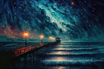 illustration beautiful seascape with glitter glow starry sky in night time, idea for background wallpaper v