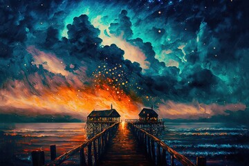 oil painting illustration of a beautiful seascape and galaxy sky with pavilion on the end wooden way path to the horizon  Generative Ai	 - obrazy, fototapety, plakaty