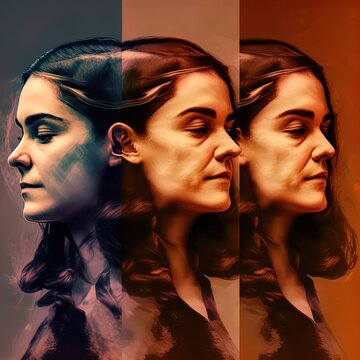 Surreal multiple exposure image of a woman in different moods. Made with Generative AI.