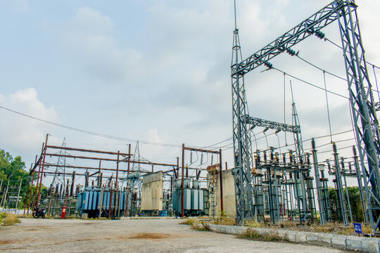 110kv high voltage distribution transformer power distribution station with high voltage electrical components.