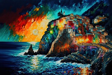 Fototapeta na wymiar oil painting style illustration of cityscape inspired from Cinque Terre, Italy Generative Ai 